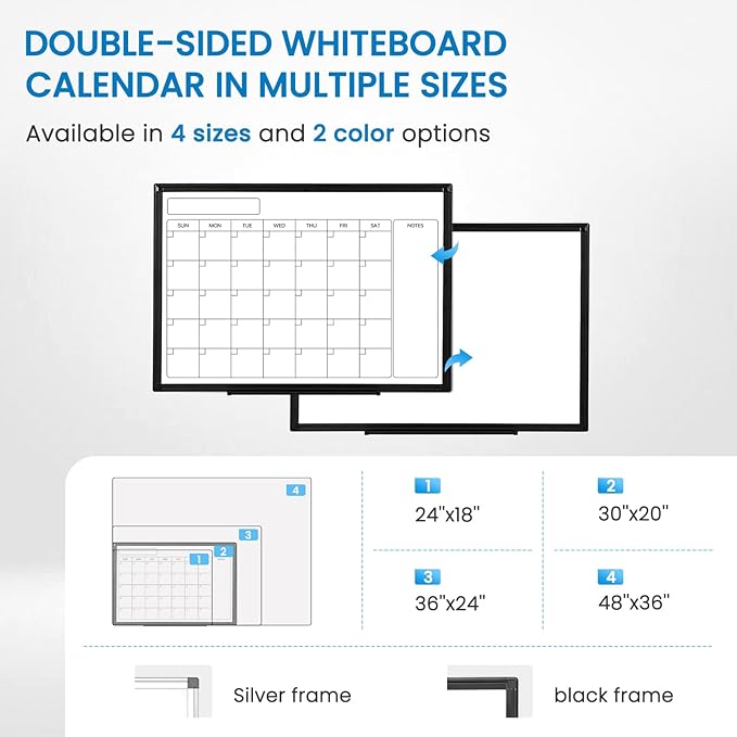 Monthly Calendar Dry Erase Whiteboard, 30" x 20" Magnetic Calendar White Board, Double-Sided Portable Board with Black Aluminium Frame for Office, Kitchen, School, Home