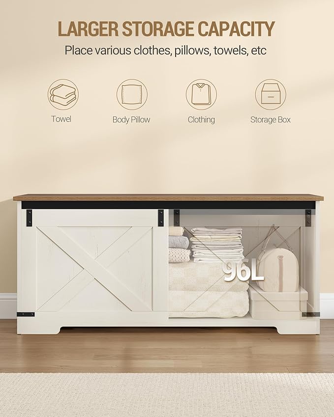 Hzuaneri 42.9" Storage Chest, Large Storage Trunk with 2 Hinges, Farmhouse Wooden Box Bench, Lift-Top Organizer Chest, Entryway Trunk for Bedroom, Living Room, White and Brown SB10914X