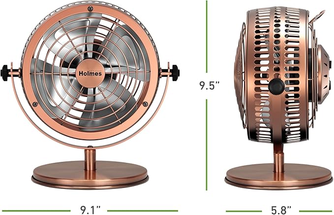 HOLMES 6" Heritage Table Fan, 2 Speeds, 4 Blades, Adjustable 145° Head Tilt, Metal Construction, Ideal for Home, Bedrooms, Dorm Rooms or Office, Brushed Copper
