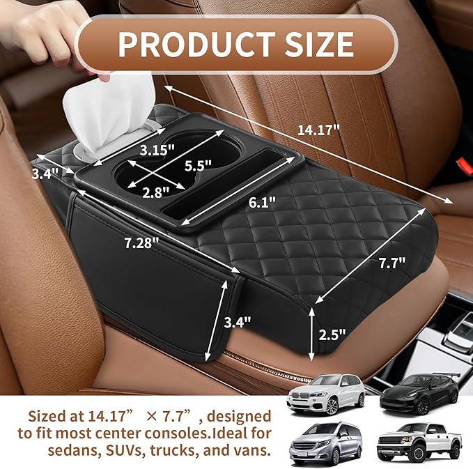 5-in-1 Universal Car Center Console Cover with Cup Holder, Upgrade Armrest Cushion for Car with Side Storage, PVC Leather Armrest Cover Pad with Phone Slot & Tissue Holder, Black