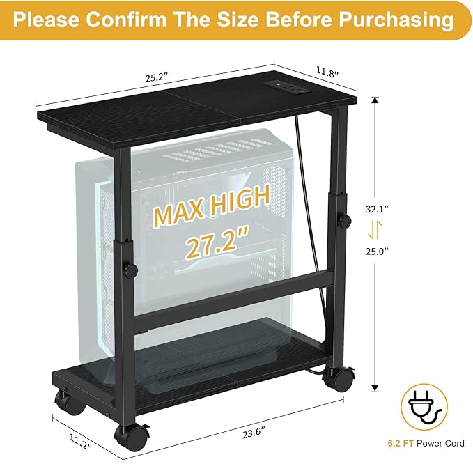 Snughome Height Adjustable PC Tower Stand with Charging Station, Rolling CPU Cart with USB & Locking Wheels, 25.0"-32.1", Computer Tower Stand Floor Stand for Home Office Gaming Desk