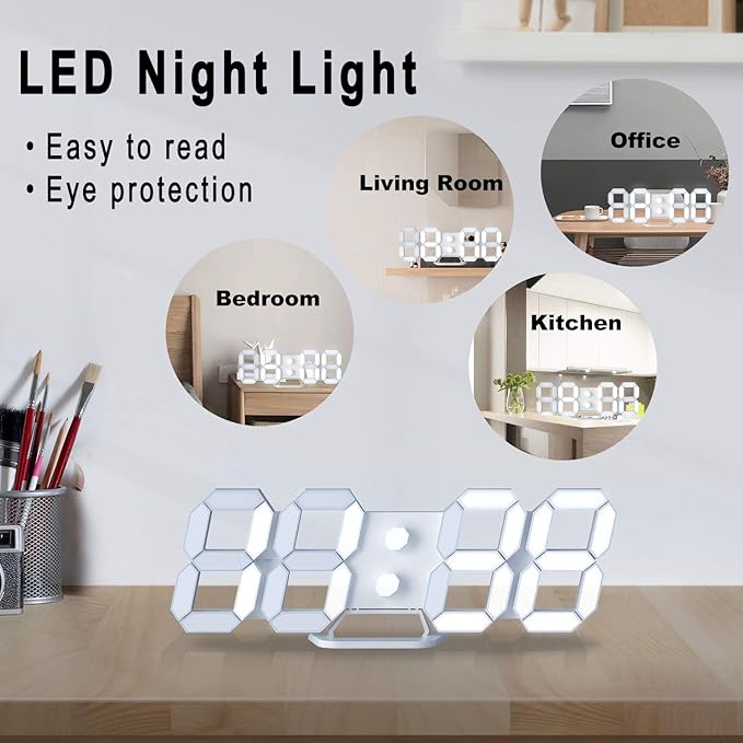 3D LED Digital Wall Clock/Desk Alarm Clock with Remote Control for Kitchen Bedroom Office, 9.7" LED Night Light Decor Clock Adjust Brightness 12H/24H Time Date Temperature, Great Gift