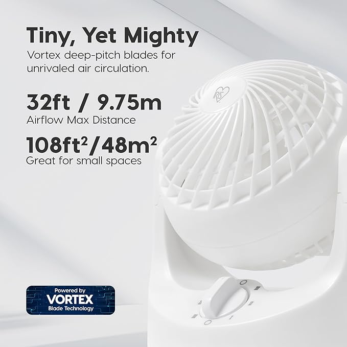 IRIS USA WOOZOO Mini Desk Fan, Air Circulator, 3 Speeds, 32ft Max Air Distance, 108ft² Coverage, 112° Adjustable Vertical Tilt, 27db Quiet Motor, Small Fan for Bedroom, Office, Dorm, White (HE10N)