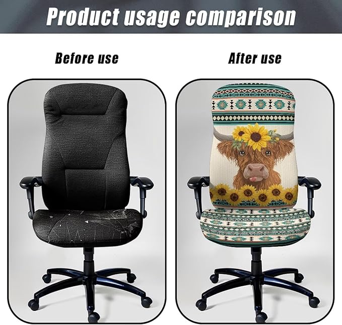 Talayituse Highland Cattle Aztec Tribe Geometric Sunflower Print Office Chair Covers, Stretch Computer Chair Cover, Universal Boss Chair Covers Modern Simplism Style High Back Chair Slipcover, Large