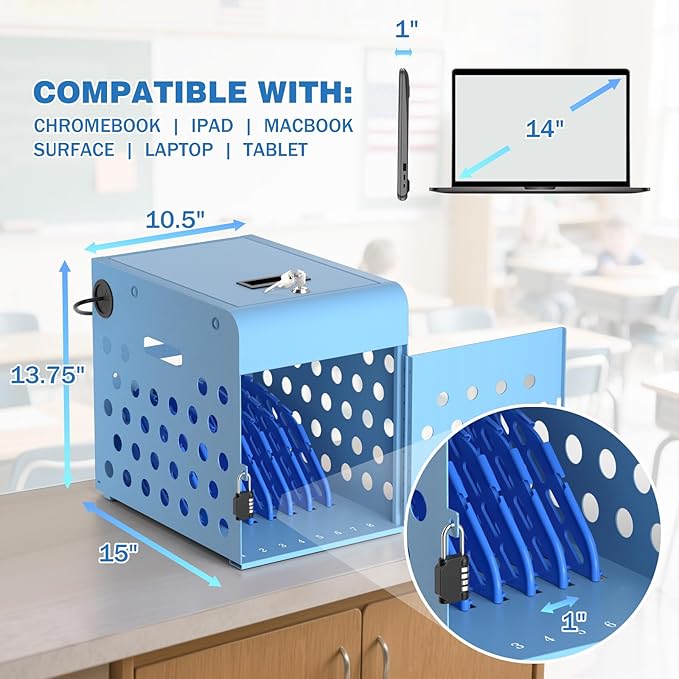 POCHAR 8-Device Chromebook Charging Cabinet for Classroom - Laptop Lock Box for iPad Tablet Fits 14" Screen - Portable Locking Charging Station for Schools, Offices, Hospitals (Blue)