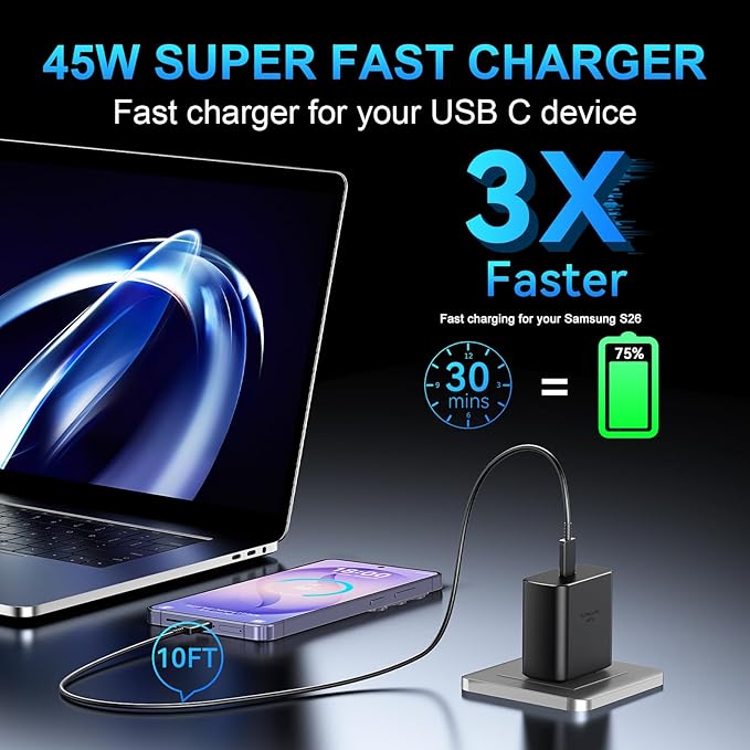 45W USB C Super Fast Charger Type C Charger Fast Charging Android Phone Charger Block with 10FT Type C Charging Cable for Samsung Galaxy S26 Ultra/S26/S26+/S25/S25 Ultra/S25+/S24 Ultra/S23 Ultra/S22