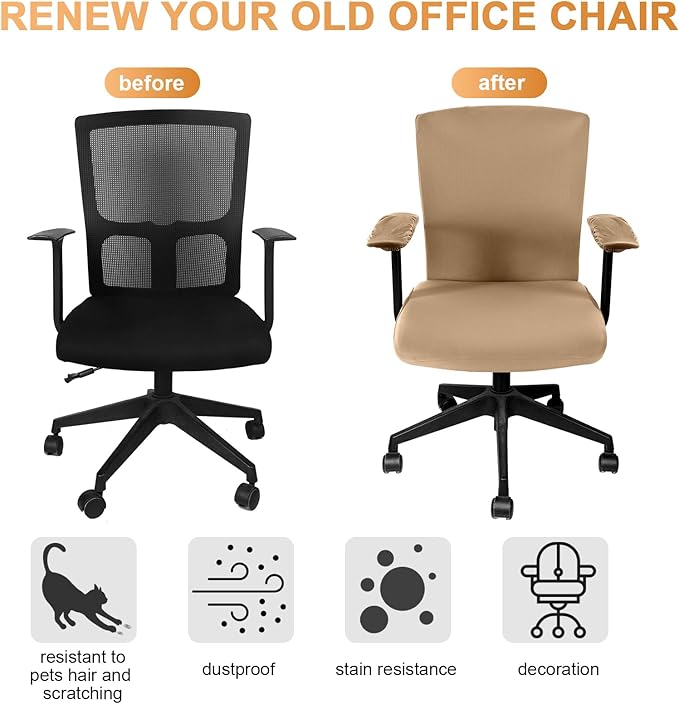 Tallew 4 Pcs Office Chair Covers Set Computer Universal Protective Stretchable Chair Seat Covers Desk Armrest Cover Pads Office Cushion Backrest for Rotating(Regular,Camel)