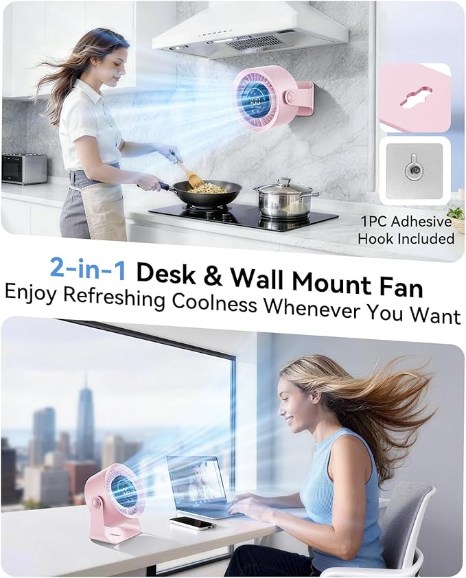 DIGIX Rechargeable USB Desk Fan for Bedroom, 100 Speeds, 360° Rotation, Wall Mounted Design Small Portable Table Fan with LED Display, Quiet Personal Desktop Cooling Fans for Home Office (Pink)
