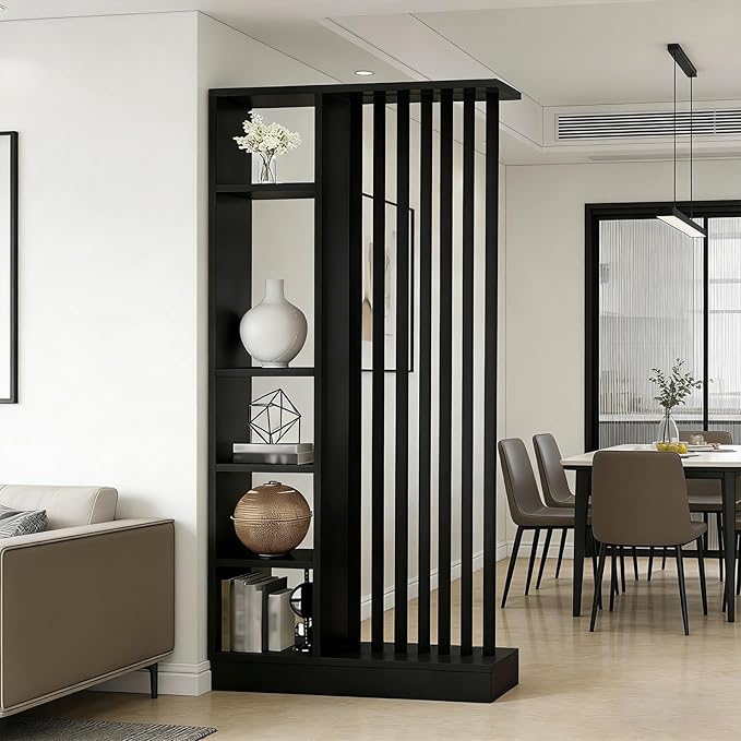 Room Divider with Shelves, Entrance Hall Partition Screen Column Floor to Ceiling - Freestanding Room Divider with Storage Shelf, Freestanding Decor for Bedroom (A Black + Black, 39.4in / 100cm)