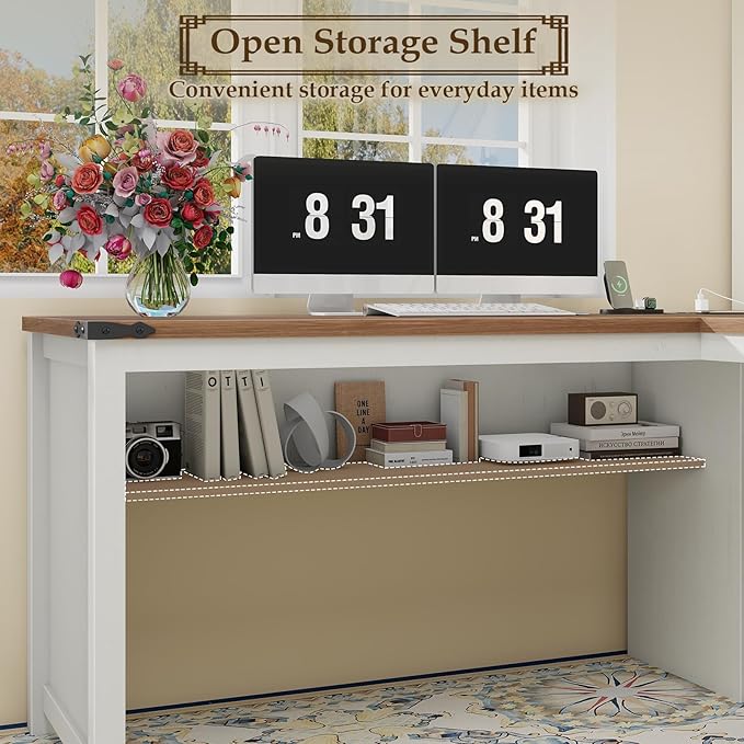 Vabches Farmhouse L Shaped Executive Desk, Corner Computer Desk with Drawers and Storage Shelf L-Shaped Standing Executive Desks with Power Outlets for Home Office, Study, Bedroom (White and Brown)