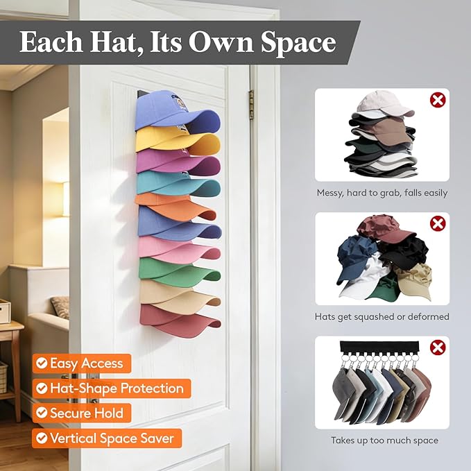 Lifewit Wall-Mounted Hat Organizer, 20 Baseball Caps Storage with Elastic Clamp (Each Holds 10), Over-the-Door Hat Rack, Dual Installation with Nails or Adhesive, Closet Cap Holder, Black, 2-Pack