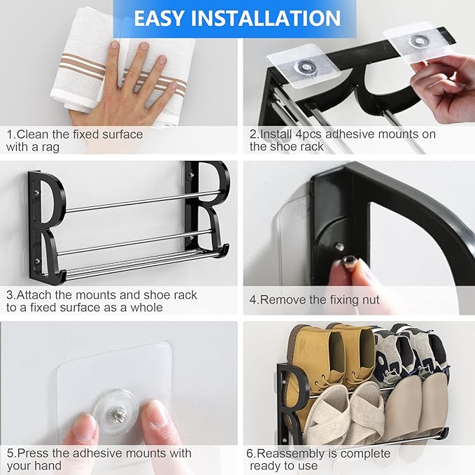 Hanging Shoe Rack 2 Pack, Wall Mount Shoe Rack with Sticky Hanging Mounts, Wall Shoes Holder Storage Organizer Shelf Shoe Holder for Wall Camper and RV Shoes Storage with Hooks No Drilling