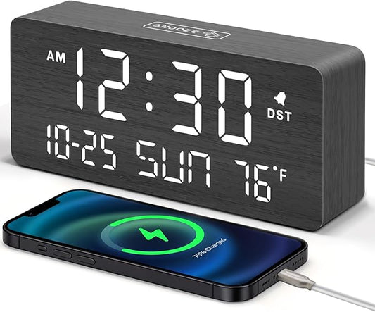 DreamSky Wooden Digital Alarm Clocks for Bedrooms - Living Room Desk Clock with Date and Day of Week, Temperature, USB Port, Dimmer Wheel, Adjustable Volume, Auto DST, Wood Decor for Office Table