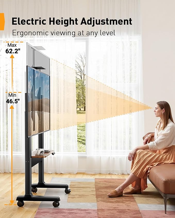 Perlegear Motorized Mobile TV Stand on Wheels for 37–86 Inch TVs up to 154 lbs, Electric Height Adjustable Rolling TV Stand, VESA 200x200–600x400mm, Wooden Shelf & Panel, PGTVMC26B