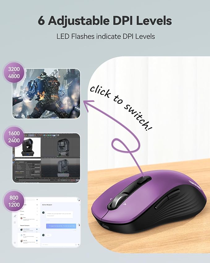 TECKNET Rechargeable Bluetooth Mouse, [ USB + BT5.0 + BT3.0 ] Wireless Mouse, Ergonomic 4-Way Scroll Wheel Computer Mice, 6-Level 4800 DPI Silent Mice, Multi-Device for Computer/Laptop/MacBook -Purple