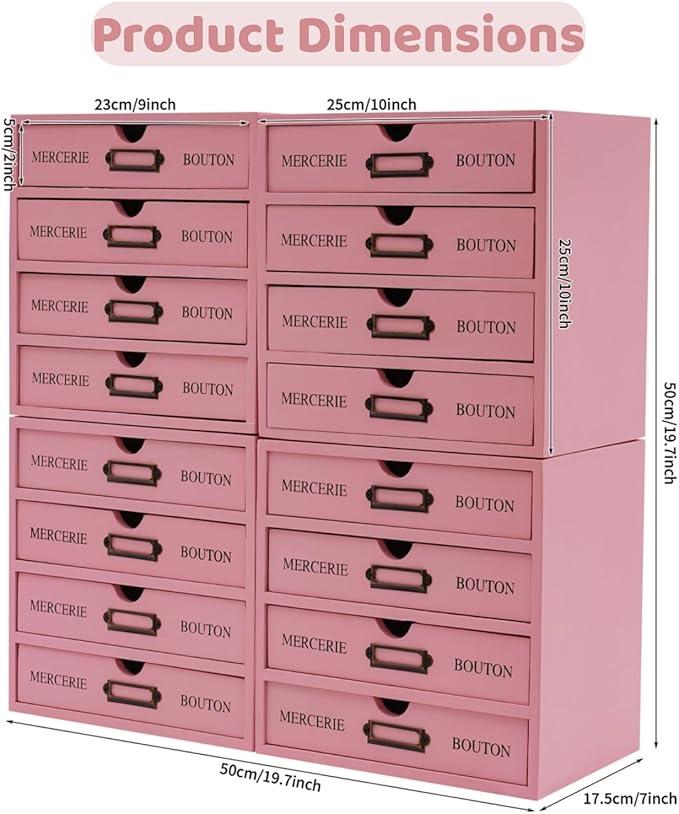 16-Drawer Wooden Desk Organizer Storage Box with Label Holders Vintage Wood Desktop Organizer, Desk Drawer Unit Collectors Box for Living Rooms, Bedrooms, Offices (Pink, 4PCS, 16 Drawers)