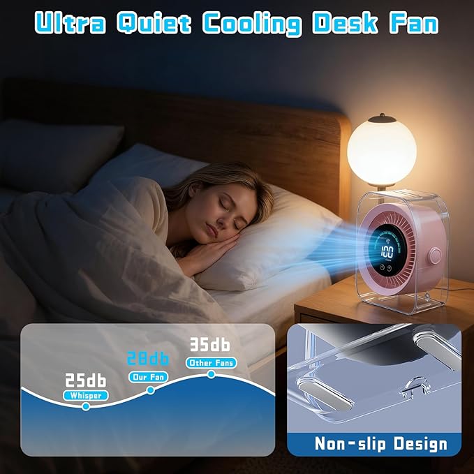 FOWSEEK Small Portable Desk Fan, 4000mAh USB Rechargeable Mini Table Fan with 100 Speeds Turbo Airflow, 360° Adjustable, LED Display, Quiet Desktop Cooling Fans for Home Office Travel-Pink