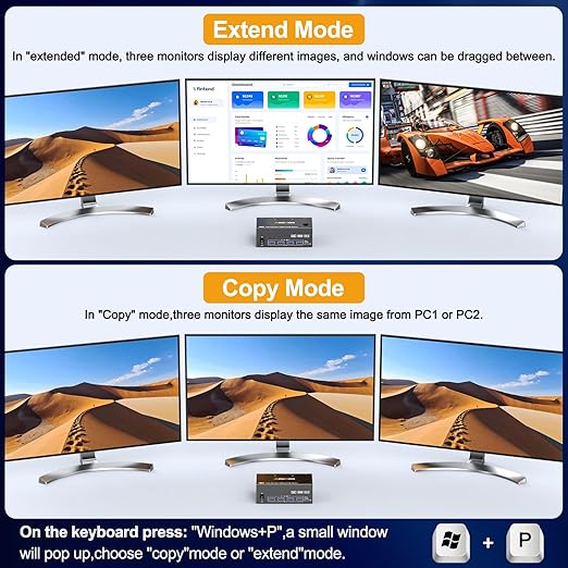 8K@60Hz HDMI Displayport KVM Switch 3 Monitor 2 Computer 4K@144Hz Triple Monitor KVM Switches with USB 3.0 Port,Wired Remote,Power Adapter and USB3.0 Cables(6.6 cm 2 PC 3 Monitor 8K KVM)