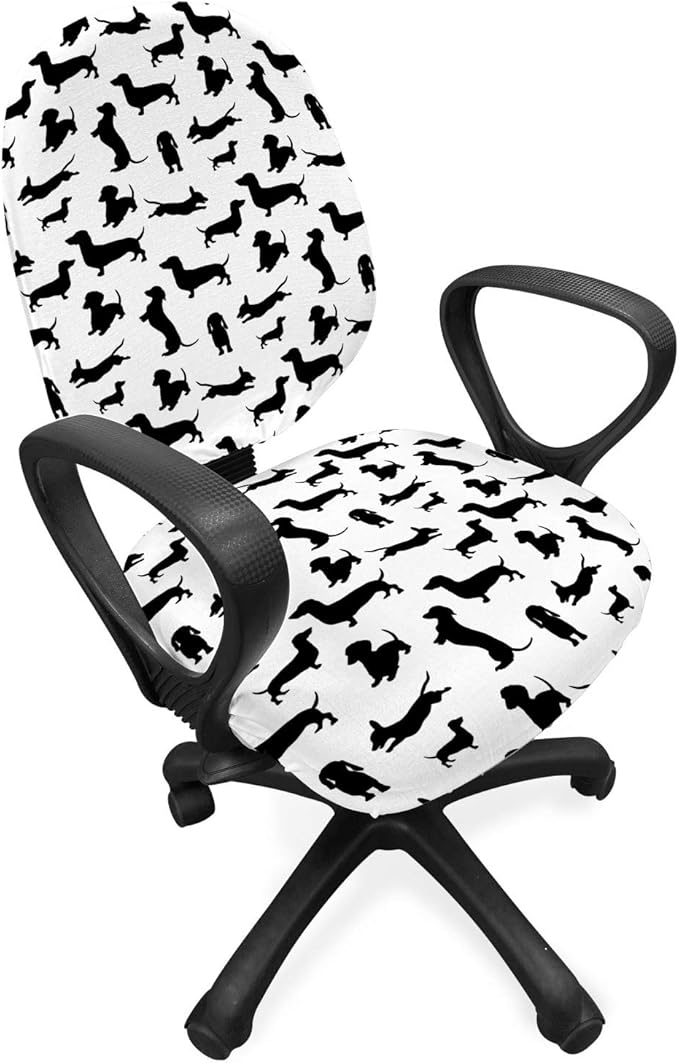 Ambesonne Dog Lover Office Chair Slipcover, Monochrome Dachshunds in Numerous Stances Active Life Pet Canine Abstract Image, Protective Stretch Decorative Fabric Cover, Standard Size, Black and White