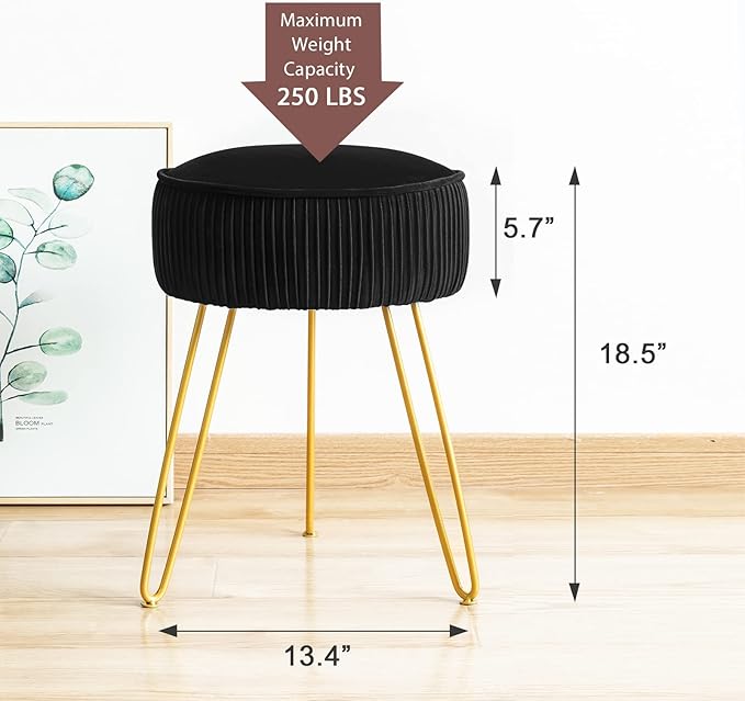 LUE BONA Pleated Vanity Stool, Velvet Upholstered Vanity Stool for Makeup Room, Ottoman Footrest with Metal Legs for Living Room, Bedroom, Black
