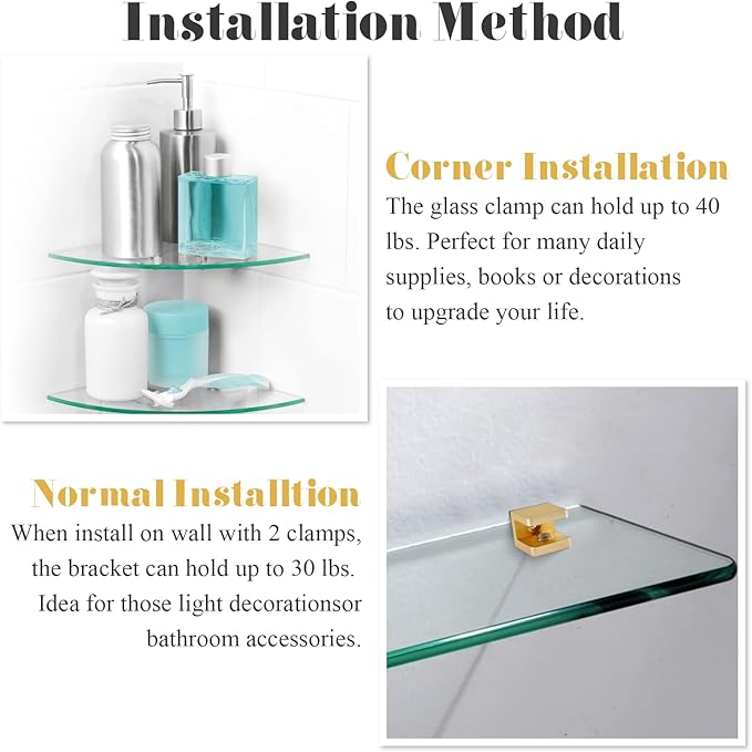 Uenhoy 4 Pcs Glass Clamps, No-Drill-on-Glass Glass Shelf Brackets Clips Adjustable Glass Clip Support for 8mm - 10mm Glass Wood Board, Brushed Gold