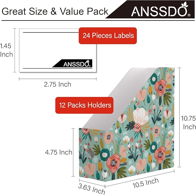 ANSSDO 12 Pack Cardboard Magazine Holder - Premium Magazine File Organizer, Large Volume Storage Box as Book Bins or Folder Holder for Desk - Teal Floral