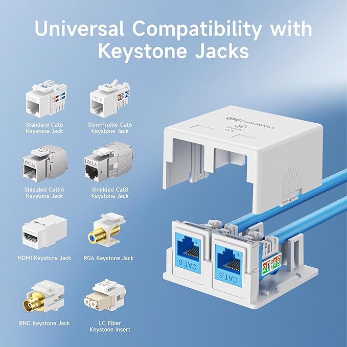 Cable Matters UL Listed 5-Pack 2-Port Keystone Jack Surface Mount Box in White