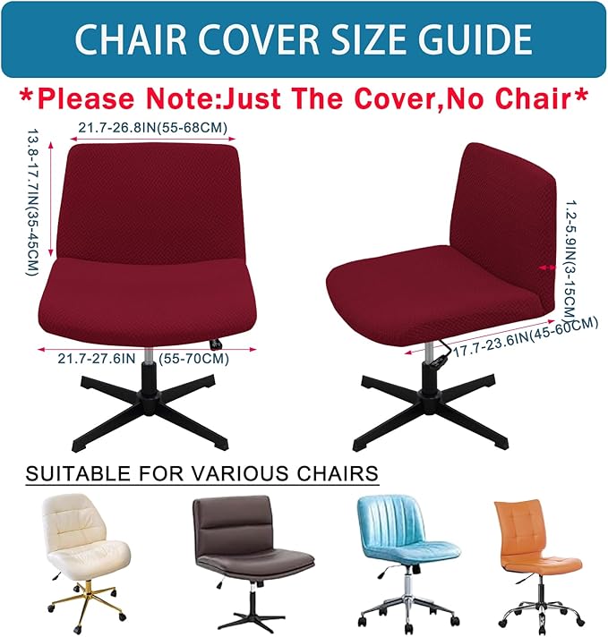 Vanity Chair Cover Criss Cross Chair Cover Elastic Armless Chair Slipcover Armless Chair Covers Office Chair Covers (Wine Red,Just The Cover,No Chair)