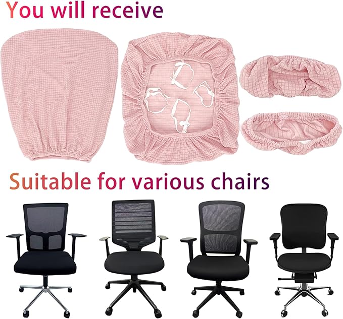 4Pcs Office Chair Covers Stretchable Set Desk Chair Cover Computer Chair Cover with 4 Non-Slip Elastic Straps Protective Armrest Slipcovers Pads Backrest Cushion for Rotating Chair (Pink)