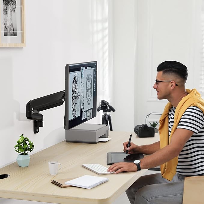 Monitor Wall Mount Fits 17-32 Inch Flat/Curved Computer Screens, Single Arm Holds up to 19.8lbs, Height Adjustable Gas Spring Wall Monitor Stand Tilt, VESA Mount 75x75/100x100