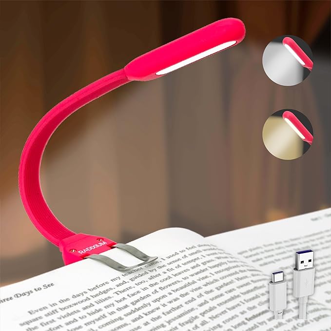 Rechargeable Book Light for Reading in Bed, 4 Color Temperatures Eye-Caring LED, Portable Clip On Reading Light with Magnetic Base, Hands-Free for Travel, Night Reading (red)