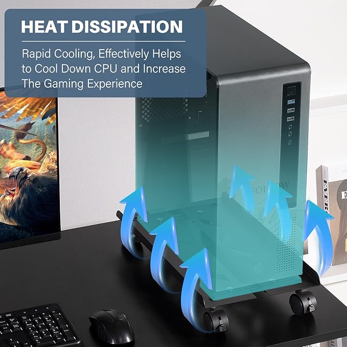 Mobile PC Tower Stand, Adjustable Metal Computer Tower Stand, PC Floor Stand with 4 Locking Caster Wheels, CPU Holder for Office,Gamers and Students