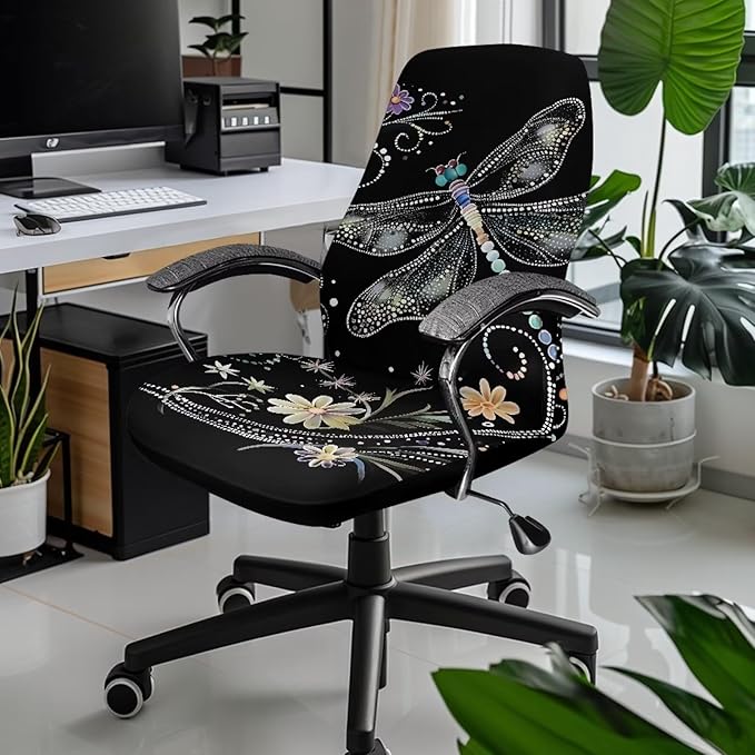Talayituse Dragonfly Daisy Print Office Chair Cover Rolling Desk Chair Cover Gaming Chair Covers Stretch Washable Computer Chair Slipcovers for Swivel Chair Armchair Computer Boss Chair, L