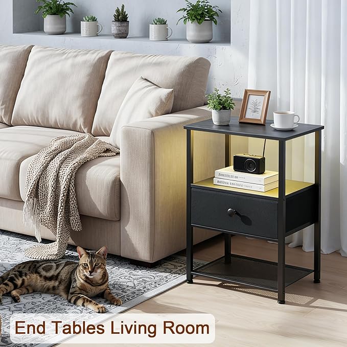 LOAKEKEL Night Stand Set 2, LED Nightstand with Charging Station, End Tables Living Room with Fabric Drawer, Small Bed Side Tables for Bedroom, Small Space, Black, HETS01BK