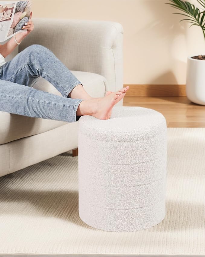 Round Boucle Storage Ottoman, Sherpa Teddy Fabric Ottoman Footstool with Reversible Tray Lid, Folding Footrest with Storage for Living Room, Bedroom, Dorm, White, 14.6" x 14.6" x 17.7"