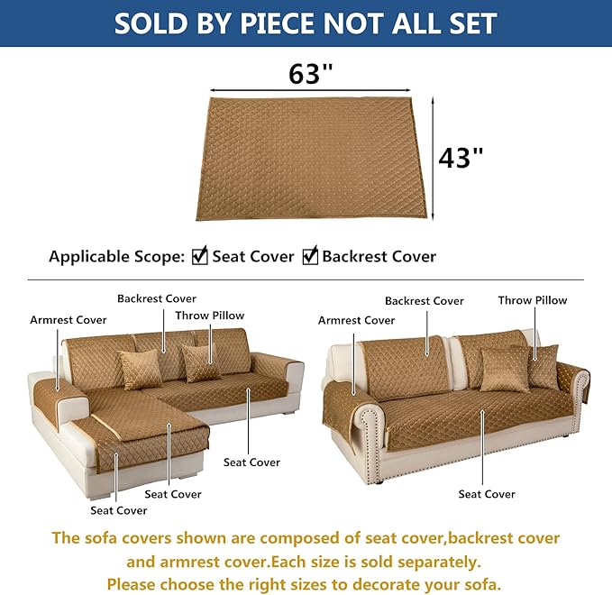 Eismodra Couch Cover,Sectional Couch Covers,Sofa Covers for 3 Cushion Couch,Anti-Slip Sofa Slipcovers for Dogs Cats Kids Loveseat Recliner L Shaped Armrest Backrest,Coffee 43''x63''(Only 1 Piece)