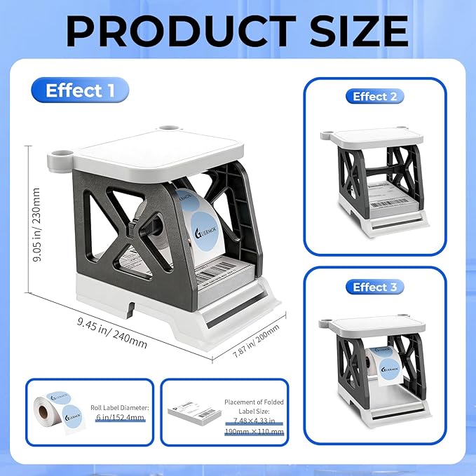 Guermok 3-in-1 Thermal Label Holder Stand for Printer – Desk Organizer for Roll & Fan-Fold Labels, Cable Management, Easy Assembly for Home, Office, Retail & Small Business(Black)