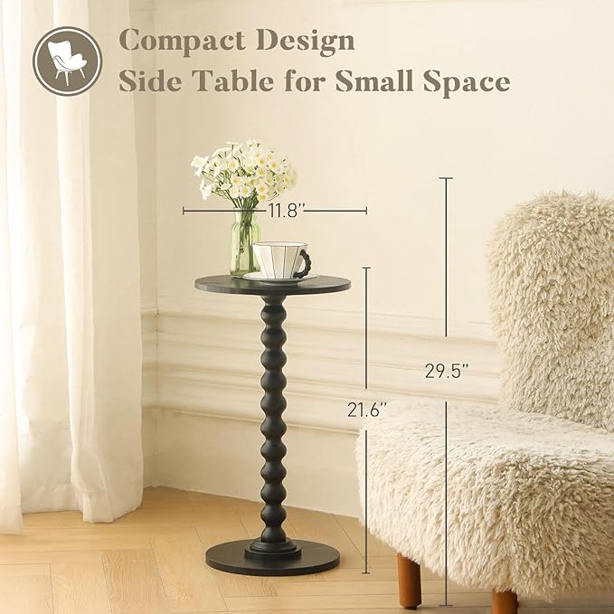 Fultyle Round Side Table, Small Drink Table for Small Spaces, Modern Accent End Table Nightstand with Solid Wood Leg for Living Room, Bedroom, Corners, and Office (Black)