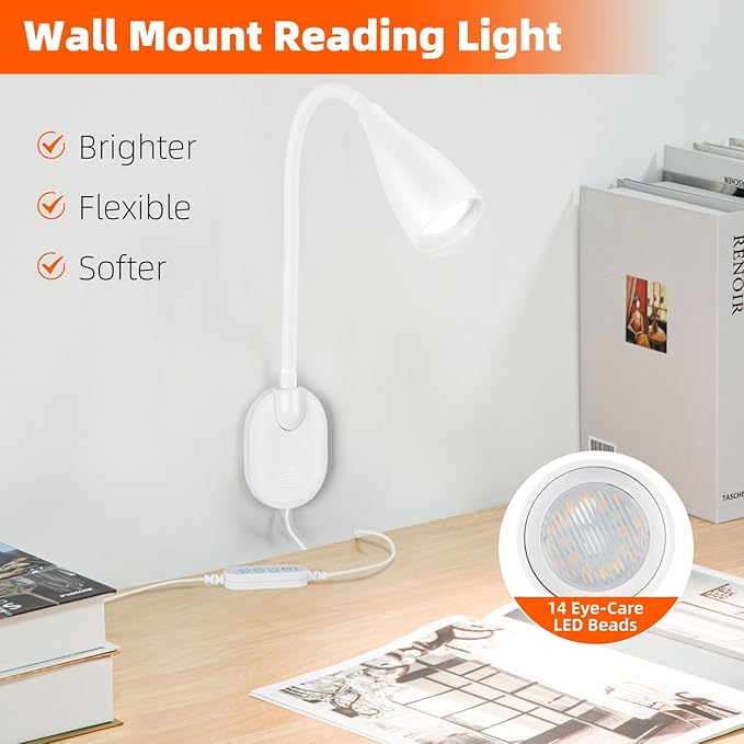 LED Wall Mounted Bedside Reading Light, 3 Color Modes,10 Brightness Dimmable, USB Charging Port, Adhesive Wall Lamp Night Light for Books in Bed, 360° Flexible Eye-Caring Bedroom Lighting White
