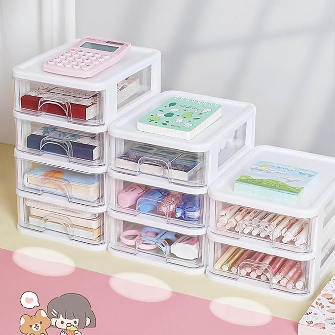 Mini Desktop Drawer Plastic White Frame with Clear Drawers Small Storage Drawers Containers Multi-layer Storage Organization Units for Storing Arts, Crafts, Sewing Accessories, Stationary (3 Layers)