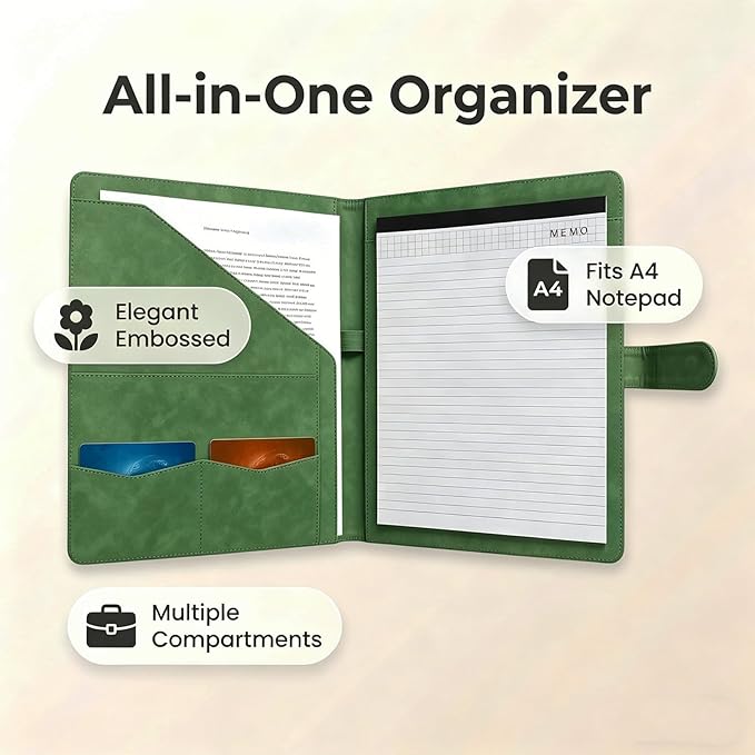 Portfolio Padfolio Binder, Faux Leather Professional Document Organizer with Business Card Holder, Letter-Sized Notepad Legal Pad Holder, Durable Executive Folder for Interviews, Meeting (Green)