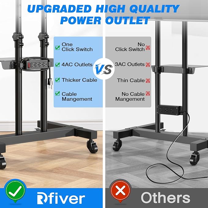 Rfiver Upgraded Mobile TV Stand on Wheels with Power Outlet, Heavy Duty Rolling TV Cart for 32-85 Inch TVs up to 132 lbs, Height Adjustable Portable Floor TV Stand for Bedroom, Home Office, Onesize