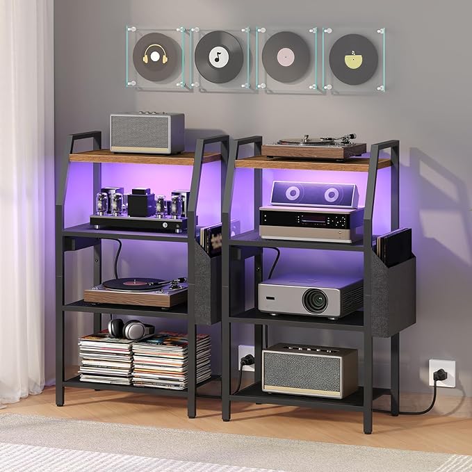 MAHANCRIS 4-Tier AV Media Stand with Power Outlet & LED Lights, Game Console Shelf with Side Storage Bag, Corner Stereo Stand Rack Audio Tower for Small Video DVD Players Boxes, Rustic Brown MSHR01E01