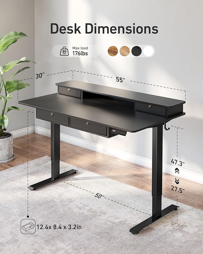 FEZIBO 55 x 30 inch Standing Desk with Drawers, Height Adjustable Electric Workstation, Computer Sit Stand Up Table with Large Storage Shelf 4 Drawers and 2 Hooks, Black