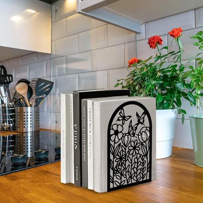 Peacoblue Metal Bookends for Shelves, Modern Decorative Heavy Duty Study Book Support Stoppers for Office, Desk, Shelf, Room 5.3"x4.3"x7.9" Cast Iron Bookends, 1 Pair (Wildflowers and Butterflies)