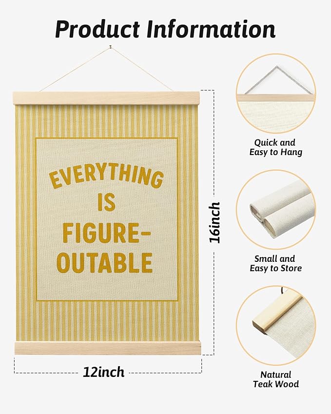 FGFK Everything Is Figureoutable Positive Affirmations Wall Art Poster Hanger Frame, Retro Yellow Inspirational Canvas Prints Framed Wall Decor for Office Classroom Home Bedroom, 12x16 Inch