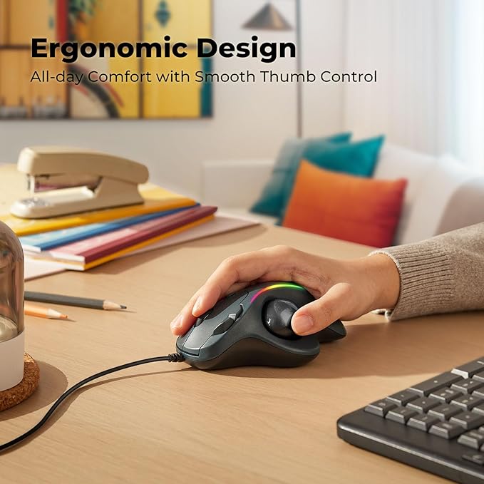 Wired Trackball Mouse with RGB Lighting, Ergonomic Thumb Control to Reduce Muscle Strain, 5 Adjustable DPI, Dual USB-C & USB-A Connectivity, Compatible with PC, Laptop, Mac, Windows (C-Black)
