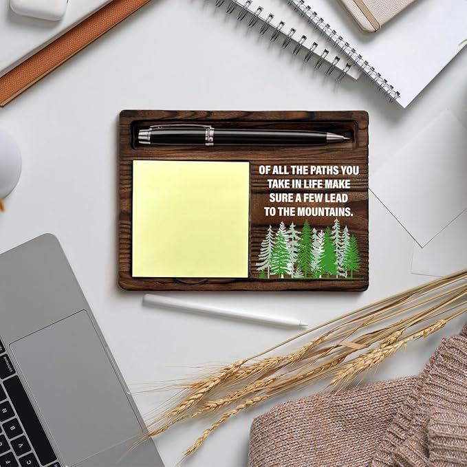 Inspirational Sticky Note Holder of All the Paths You Take in Life Desk Decorations Watercolor Mountain Encouragement Gifts for Women Men, Post it Note Dispenser for Office Desk Decor