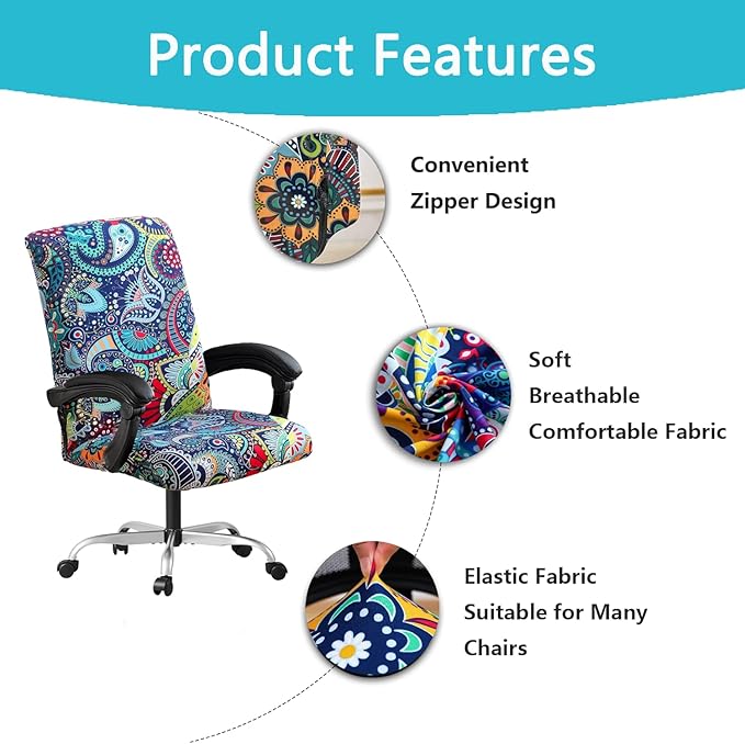 Office Chair Cover,Removable Desk Chair Cover with Zipper,Stretch Anti-dust Universal Rotating Office Seat Slipcover,Washable High Back Computer Seat Protector for Pets (Blue, Large)
