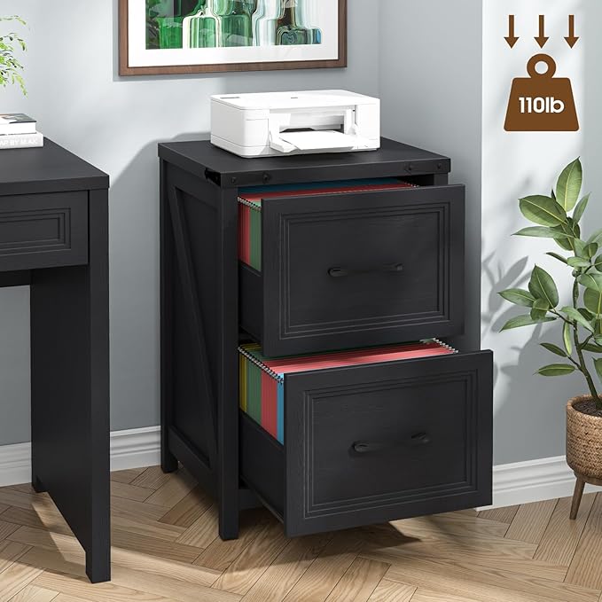 Vabches 2 Drawer Vertical File Cabinet, Wood Farmhouse Filing Cabinet Fits A4/Letter Size, Under Desk Small File Cabinets Printer Stand with Storage for Home Office, Black